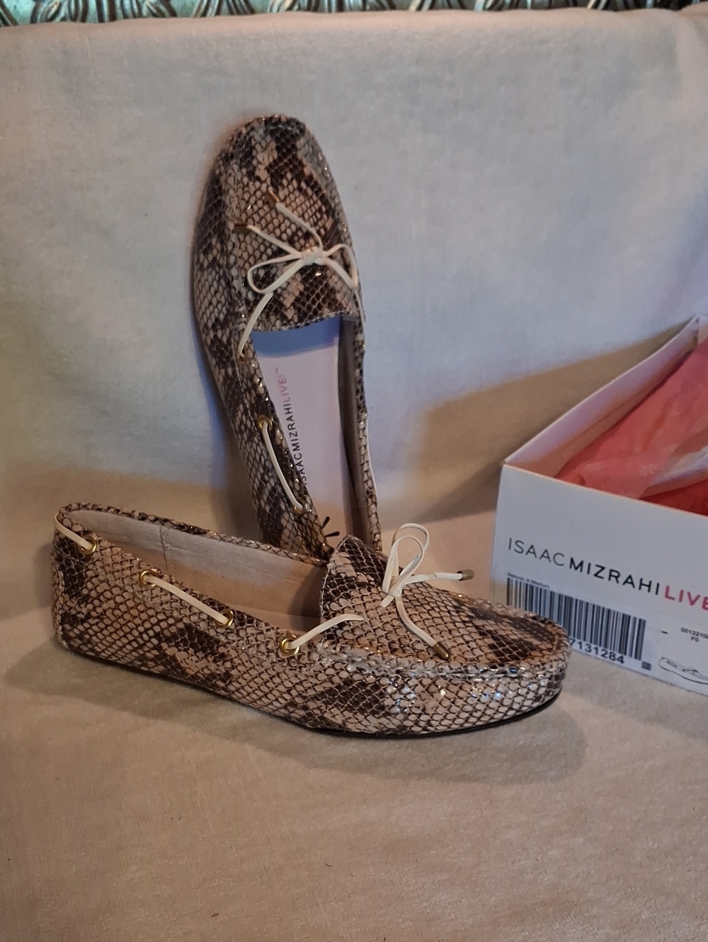 Isaac Mizrahi Snake-Print Moccasins in Brown and Cream